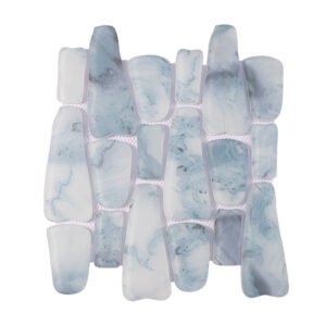 Misty blue irregular pebble glass tile sheet with soft cloudy patterns