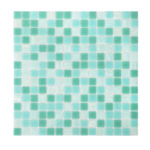 Mosaic tile sheet with shades of turquoise and green arranged in a grid pattern