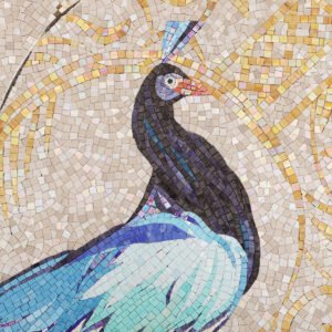 Handgefertigtes Glasmosaikbild – Pfau mit grünem Federkleid auf Gold