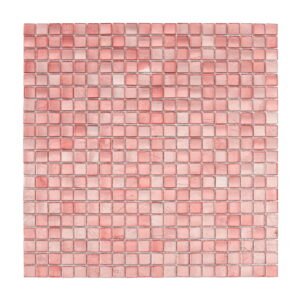 Front view of square pink glass mosaic tile sheet on white background