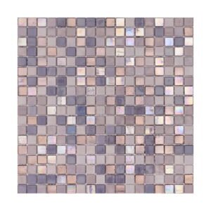 Purple and beige square mosaic tile sheet with glossy and metallic finishes