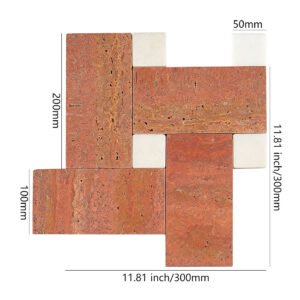 Mosaïque en travertin – blanc / rouge, carré, géométrique