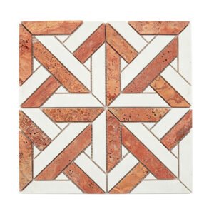 Red travertine and white marble geometric mosaic tile with an angular pattern