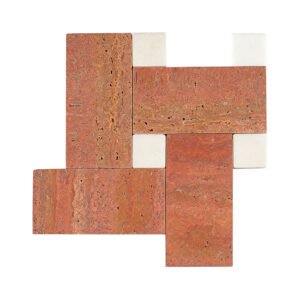 Red travertine rectangles with white marble squares in a geometric pattern