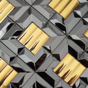 Mosaico de parede metálico 3D preto e dourado com padrão espinha de peixe e efeito espelhado