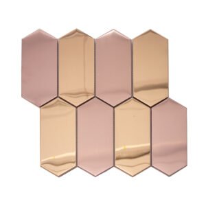 Rose gold brushed and mirror elongated hexagon mosaic tile layout installation view
