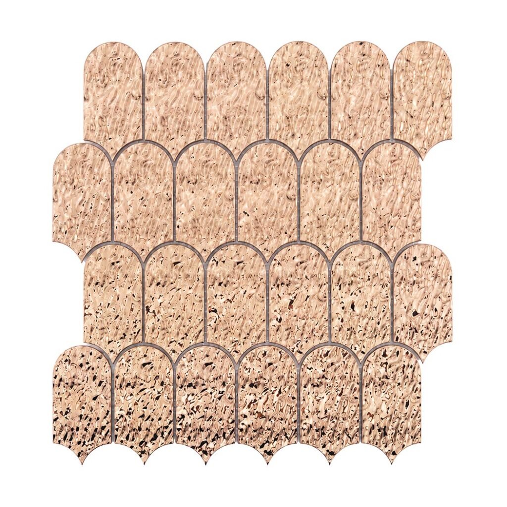 Mosaikfliesen aus Edelstahl – Roségold, Fächerform, gehämmert, für Wände