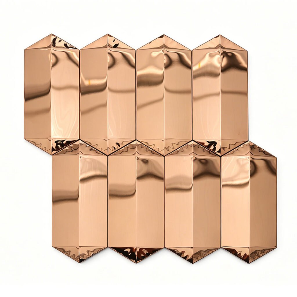 Piastrelle a mosaico in acciaio inossidabile – oro rosa / dorato, allungato, smussato, a specchio