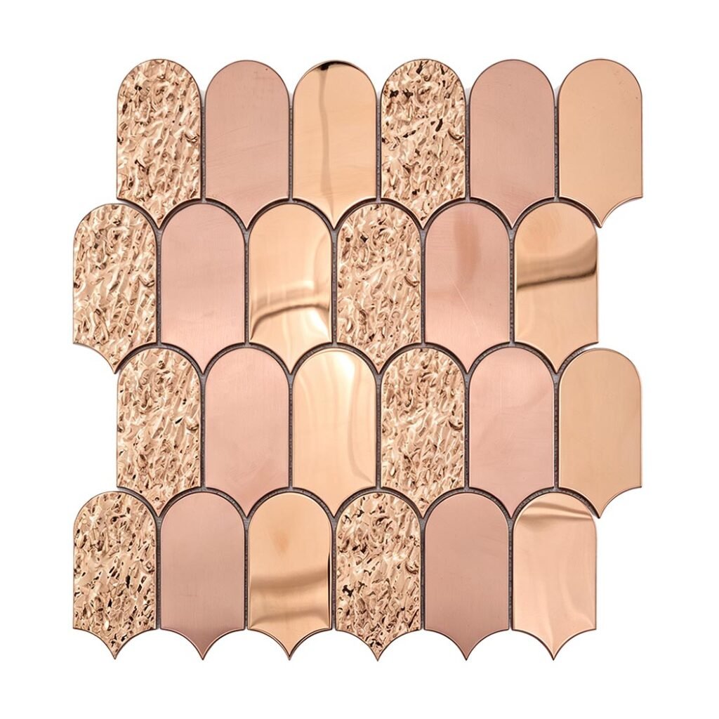 Mosaïque en acier inoxydable – or rose, forme éventail, pour mur