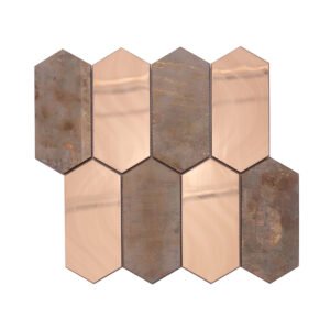Hexagon mosaic tile layout in rose gold brushed stainless steel and rust copper patina finish