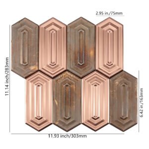 Mosaïque en acier inoxydable – or rose / cuivre, hexagonal, format allongé, pour mur