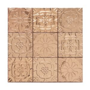 Front view of rose gold mixed floral embossed metal tile sheet with assorted flower designs