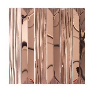 Front view of rose gold vertical striped metal mosaic tile with glossy finish.