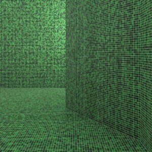 Shower area with green mosaic tiles covering the walls and floor
