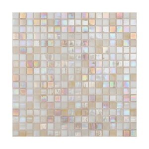 Shower room with light iridescent mosaic tiles and modern fixtures