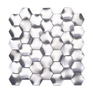 Front view of a full silver 3D hexagonal stainless steel mosaic tile sheet.