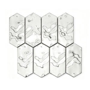 Silver hexagon stainless steel mosaic sheet with size markings on display