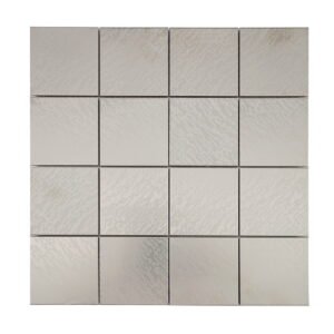 Front view of silver brushed square stainless steel metal mosaic tile sheet