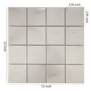 Mosaikfliesen aus Edelstahl – Silberfarben, Quadrate, Blattmuster, gebürstet