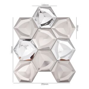 Mosaïque en acier inoxydable – argenté, hexagonal, 3D, grand format, brossé, effet miroir, pour crédence