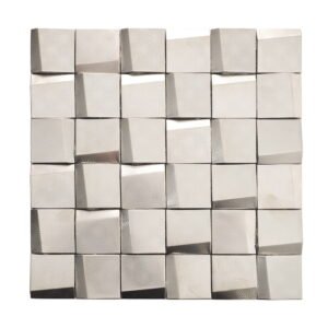 Front view of silver stainless steel metal mosaic sheet with embossed 3D square tiles