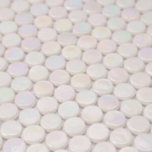 Piastrelle a mosaico in vetro – bianco, tondo piccolo, rotondo, iridescente, per pavimenti