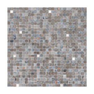 Square blue-gray glass mosaic tile with iridescent shimmer and silver highlights