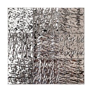 Square decorative tiles with silver ripple finish arranged in a 3x3 grid layout