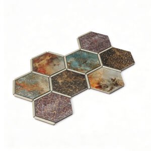 Mosaico hexagonal de alumínio azul-petróleo e castanho