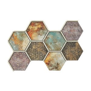 Teal brown and burgundy aluminum hexagon mosaic tile sheet on a white background