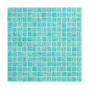 Turquoise glass mosaic tiles arranged on a wall, creating a fresh and vibrant aesthetic