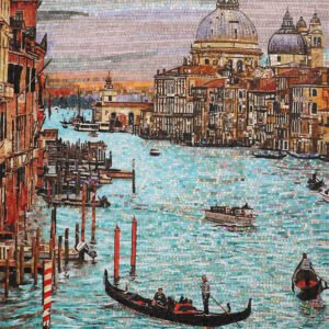 Handmade Venice water city mosaic mural with gondolas and domed buildings