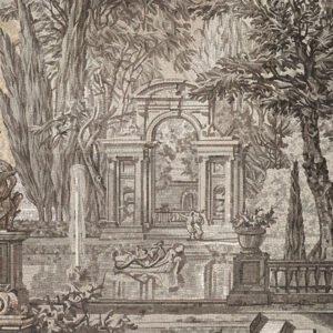 Vintage gray European garden mosaic mural with architecture and trees