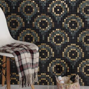 Vintage-style black and gold circle mosaic tiles with plant and decor accents