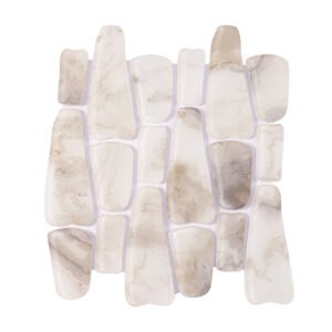 White beige irregular rounded mosaic tile sheet on mesh backing