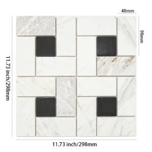 Marmormosaikfliesen – Weiß / Schwarz, geometrisches Muster, für Böden – BJ-F14D2D7B36F8