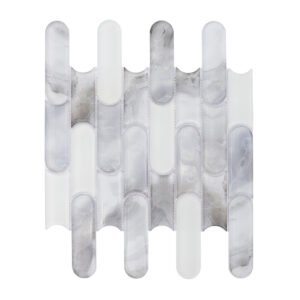 White gray pill shaped glass mosaic tile sheet on a white background