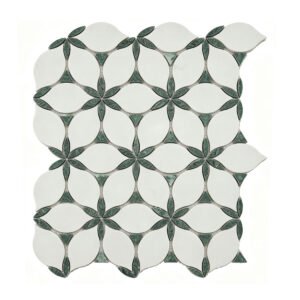 Front view of white and green marble leaf pattern mosaic tile
