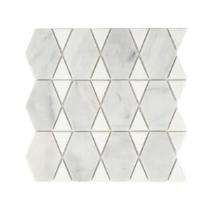 White marble geometric mosaic tile with elongated hexagon and triangle pieces