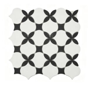 White and black floral waterjet mosaic tile with petal and quatrefoil pattern