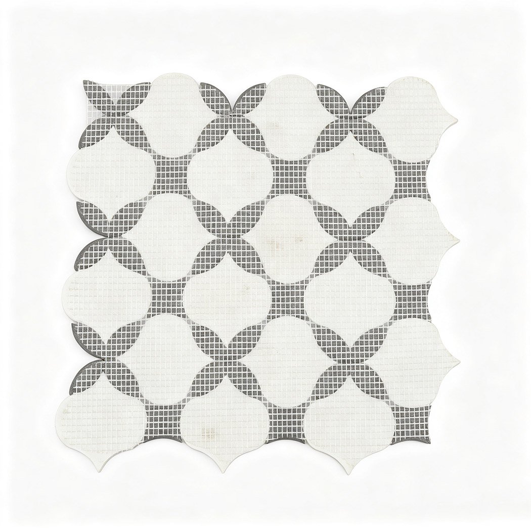 Mesh backing of white and black floral waterjet mosaic tile sheet