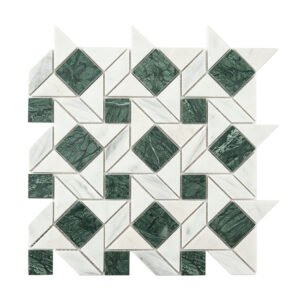 White marble geometric mosaic tile with green marble square accents