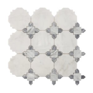 Full sheet of white and gray marble mosaic tile with decorative square accents