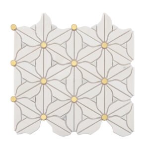 Full sheet of white floral marble mosaic tile with small gold center dots