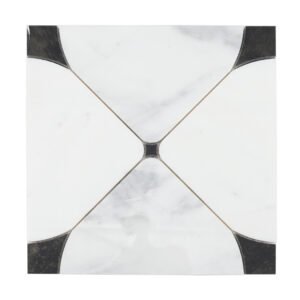 Front view of white square marble waterjet mosaic tile showing geometric curved design