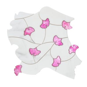 Full sheet of white marble and pink glass waterjet mosaic tile on white background