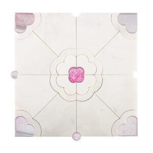Front view of white marble waterjet tile featuring a pink quatrefoil design.