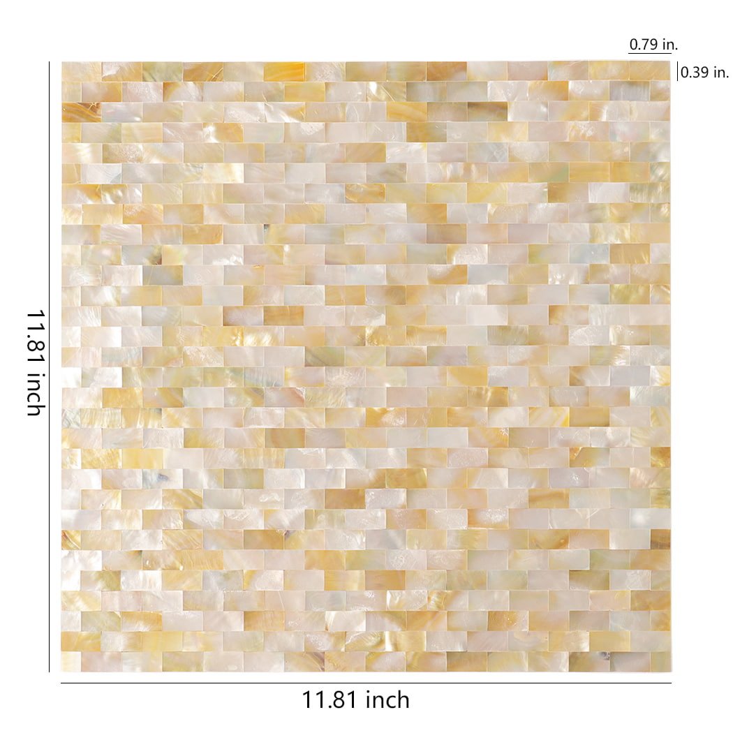 Yellow mother of pearl shell mosaic tile with size details shown in inches.