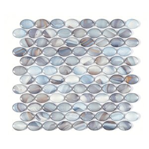 Blue gray abstract oval glass mosaic tile sheet on white mesh background