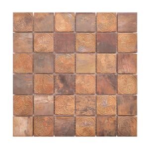 Antique copper mosaic tile sheet with matte and embossed textures